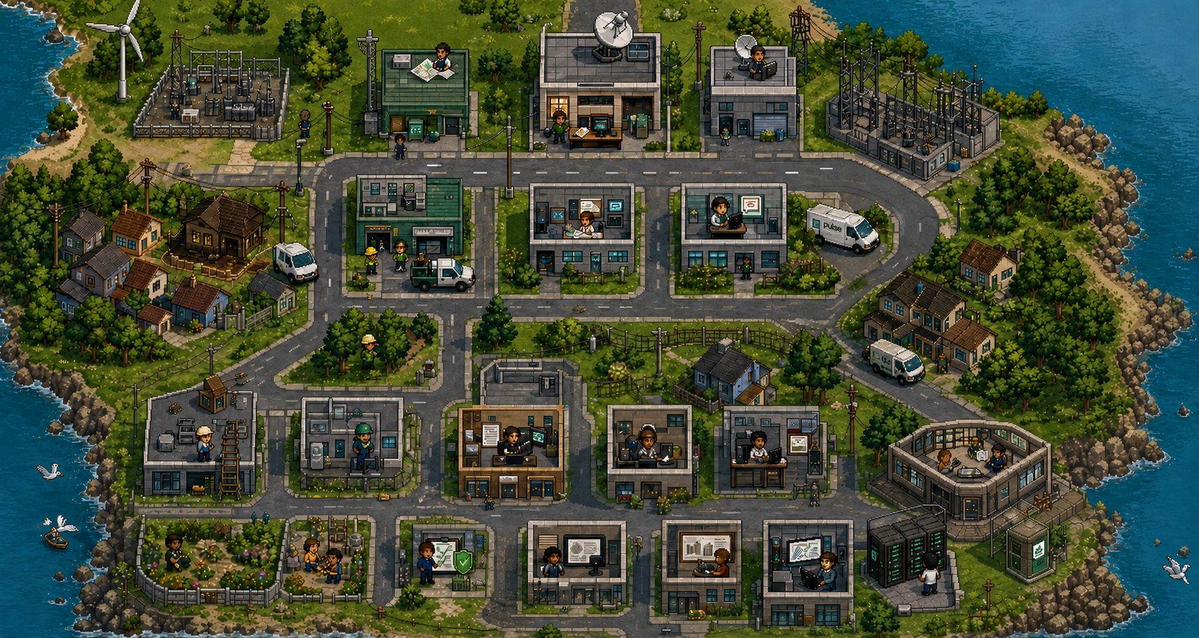 Coastal Pulse Town with operational buildings, neighbourhood homes, roads, substations and a customer centre